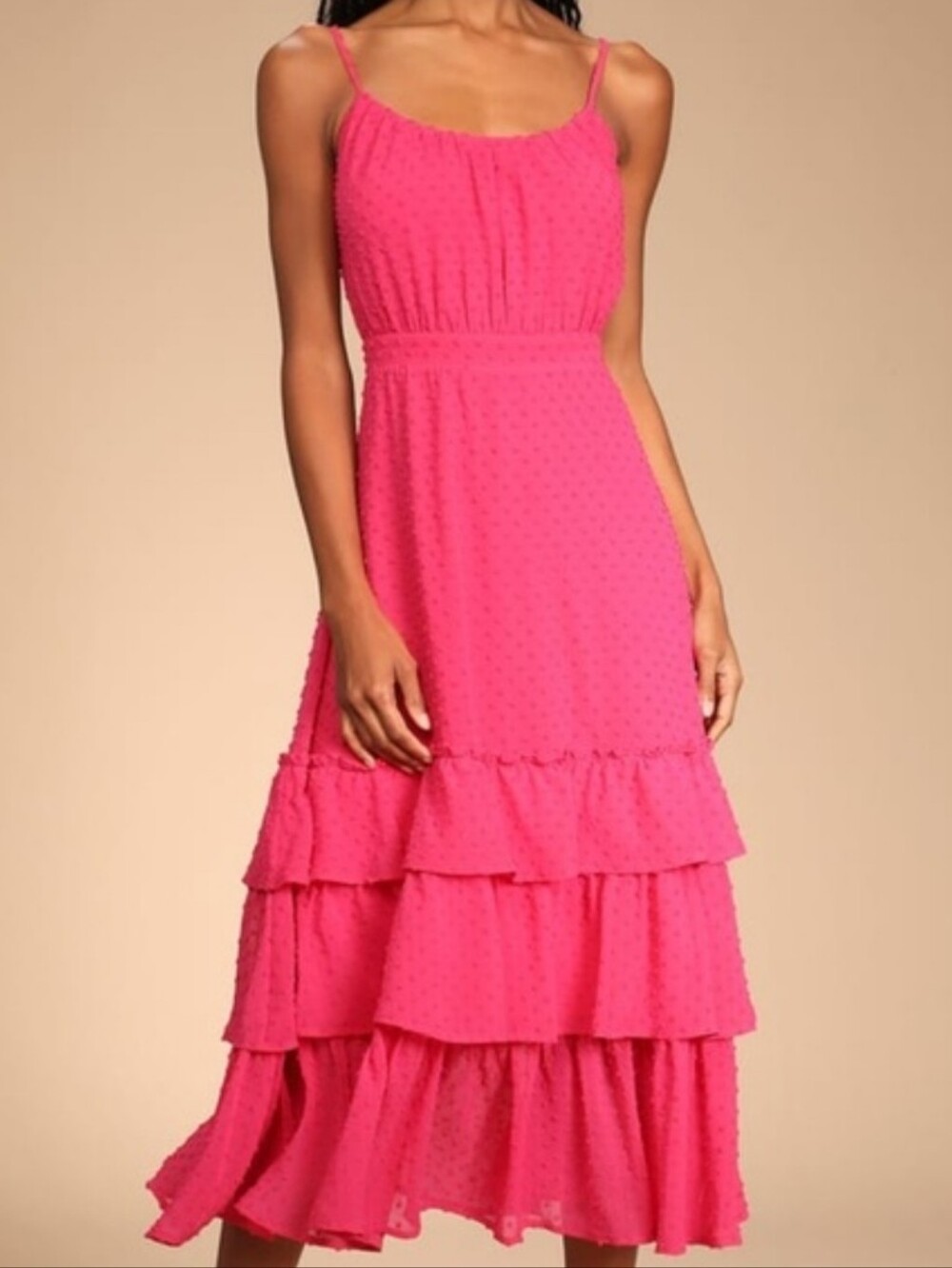 Lulus Tiers And Applause Hot Pink Swiss Dot Tie Back Tiered Midi Dress